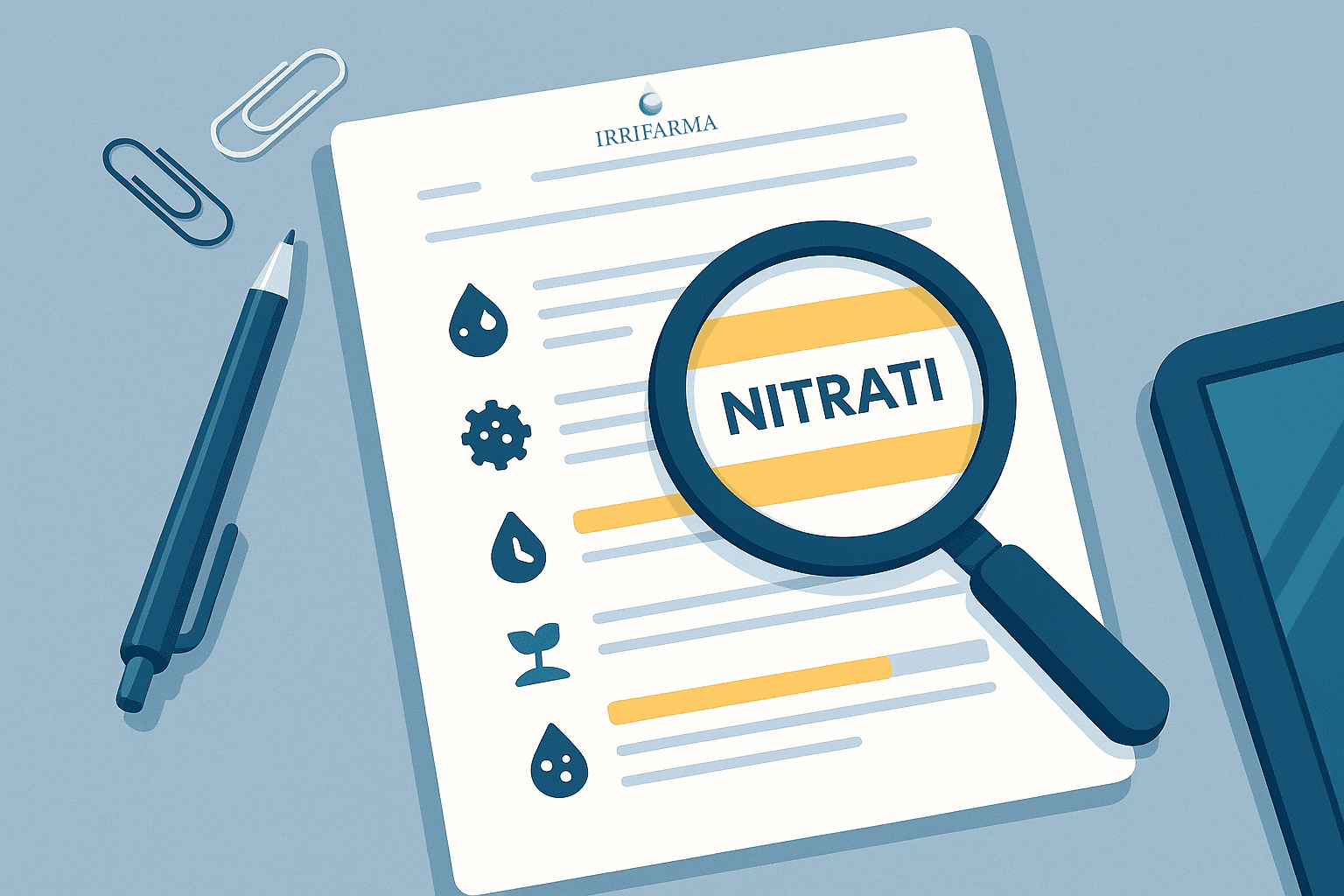 Dettaglio del referto di analisi dell’acqua con parametri come nitrati, ferro, durezza e batteri evidenziati